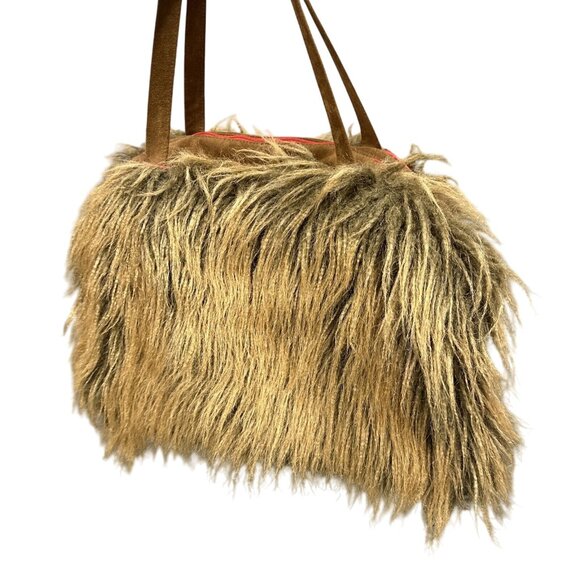 Atenti Brown Faux Fur Shag Weekender Overnight Travel Bag Red Trim Vintage - Picture 3 of 13